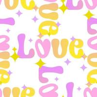 Seamless pattern with love text pink yellow color in Groovy style on white background vector