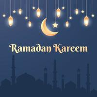 Ramadán lujo antecedentes. islámico antecedentes con un combinación de brillante oro linternas, creciente Luna y mezquita, adecuado para carteles, pancartas, social medios de comunicación y más vector