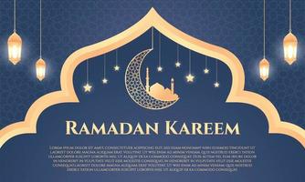 Ramadán lujo antecedentes. islámico antecedentes con un combinación de brillante oro linternas, creciente Luna y mezquita, adecuado para carteles, pancartas, saludo tarjetas y más vector