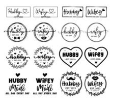 Hand lettering hubby wifey mr and mrs wedding bride groom couple love heart typography words calligraphy greeting card invitation background vector