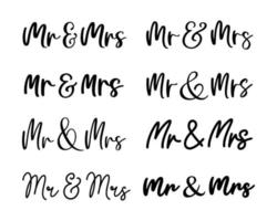 Hand lettering mr and mrs wedding set bride groom couple love heart typography words calligraphy greeting card invitation background vector