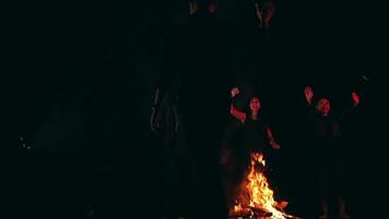 un' coppia di Gli amanti incontrare loro amici nel davanti di un' fuoco di bivacco mentre campeggio insieme nel il buio video