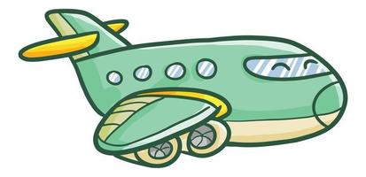 Funny and cool green yellow airplane flying and smiling happily vector