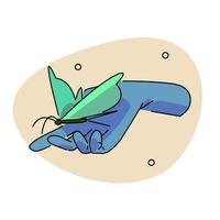 green butterfly perched on the palm of the hand. flat vector illustration.