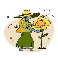 woman reaching for sunflower, flat vector illustration.