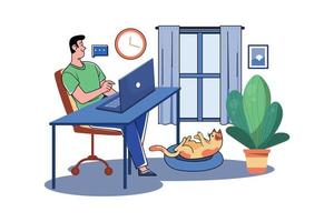 Guy Sitting At A Table On The Laptop At Home vector