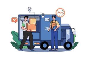 Two Guys Getting Ready To Ship Cargo By A Delivery Truck vector