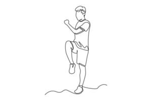 Continuous one line drawing happy boy doing exercise at home. Healthcare at home concept. Single line draw design vector graphic illustration.