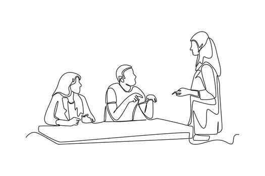 continuo uno línea dibujo profesor dando explicación en clase. clase en acción concepto. soltero línea dibujar diseño vector gráfico ilustración.