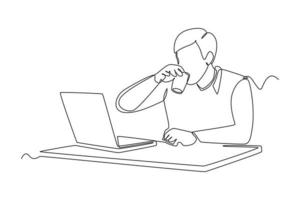 Single one line drawing happy man drinking water when working in front of laptop. Healthcare at office concept. Continuous line draw design graphic vector illustration.