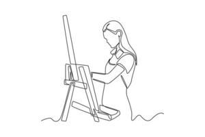 Continuous one line drawing girl holding a paintbrush and working on a painting for art class. Class in action concept. Single line draw design vector graphic illustration.