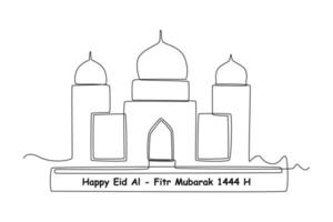 Continuous one line drawing greeting card for Eid Mubarak festival with Mosque 1444H. Eid al-Fitr concept. Single line draw design vector graphic illustration.