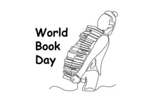 Single one line drawing women carry so many books. World book day concept. Continuous line draw design graphic vector illustration.