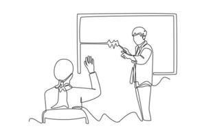 Continuous one line drawing students ask the teacher in class. Class in action concept. Single line draw design vector graphic illustration.