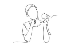 Continuous one line drawing happy boy eats apple fruit. Healthcare at home concept. Single line draw design vector graphic illustration.