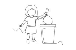 Single one line drawing little kid throw trash to trash bin. Healthcare at school concept. Continuous line draw design graphic vector illustration.