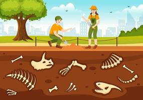 Fossil Illustration with Archaeologists Finds Dinosaurs Skeletons on Excavations or Digging Soil Layers in Flat Cartoon Hand Drawn Templates vector