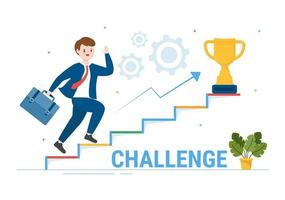 Challenge Illustration with Businessman Running to the Top Graph and Overcoming Obstacle for Landing Page in Flat Cartoon Hand Drawn Templates vector