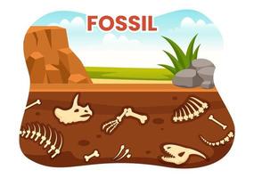 Fossil Illustration with Archaeologists Finds Dinosaurs Skeletons on Excavations or Digging Soil Layers in Flat Cartoon Hand Drawn Templates vector