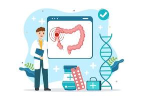 proctólogo o colonoscopia ilustración con un médico examina de el colon y perjudicial bacterias en dibujos animados mano dibujado para aterrizaje página plantillas vector