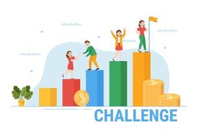 Challenge Illustration with Businessman Running to the Top Graph and Overcoming Obstacle for Landing Page in Flat Cartoon Hand Drawn Templates vector