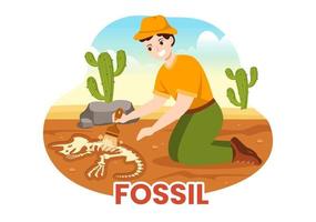 Fossil Illustration with Archaeologists Finds Dinosaurs Skeletons on Excavations or Digging Soil Layers in Flat Cartoon Hand Drawn Templates vector