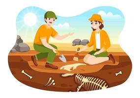 Fossil Illustration with Archaeologists Finds Dinosaurs Skeletons on Excavations or Digging Soil Layers in Flat Cartoon Hand Drawn Templates vector