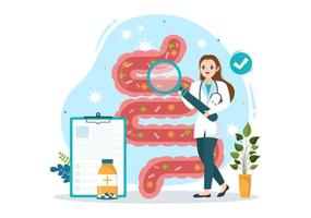 proctólogo o colonoscopia ilustración con un médico examina de el colon y perjudicial bacterias en dibujos animados mano dibujado para aterrizaje página plantillas vector