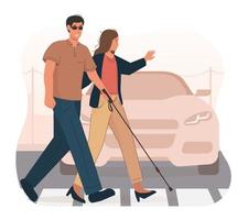 Young woman helping blind man crossing the road vector