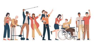 contento discapacitado personas con su amigos y familia. ciego hombre, niña con protésico pierna, antiguo hombre con caminante, personas con silla de ruedas y muletas vector