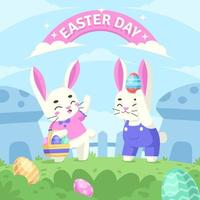 Pascua de Resurrección celebracion con Conejo y huevos en el jardín ilustración vector