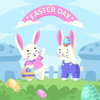 Easter celebration with rabbit and eggs in the garden illustration vector