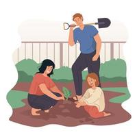 Happy family gardening together in backyard garden vector