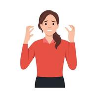 Young woman Frustrated gesture with hands. Flat vector illustration isolated on white background