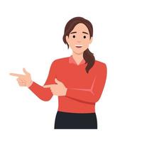 Woman hand pointing finger at left up corner with happy expression and advices use this copy space wisely. Flat vector illustration isolated on white background