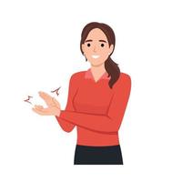 Young woman clapping hands thanking or showing appreciation at event. Flat vector illustration isolated on white background