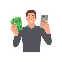 Young Businessman holding smartphone and dollars. Flat vector illustration isolated on white background