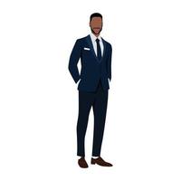 negro negocio hombre en pie en oscuro traje con manos en su bolsillos, aislado vector dibujo, plano diseño icono