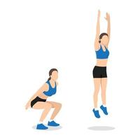 Woman doing squat jump in 2 steps in side view for strengthens entire lower body. Flat vector illustration isolated on white background