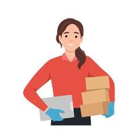 Delivery woman employee holding boxes and clipboard. Flat vector illustration isolated on white background
