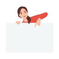 Cheerful girl is standing behind the white blank banner and pointing down at a copy space. Flat vector illustration isolated on white background