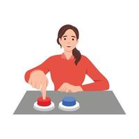 Happy woman choosing between two buttons and pushing red one. Vector illustration for difficult choice. Flat vector illustration isolated on white background