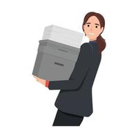 Young woman holding lot of documents in hand. Flat vector illustration isolated on white background