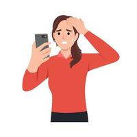 Young woman looking in smartphone with scared face expression. Flat vector illustration isolated on white background