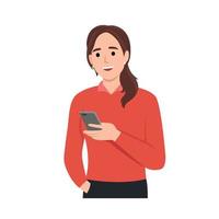 Young woman dials the phone number with a happy face. A Girl is holding a smartphone and calling. Flat vector illustration isolated on white background