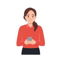 Young woman typing on smartphone. Flat vector illustration isolated on white background
