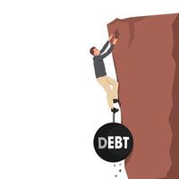 Young business man try hard to climb up the cliff but debt burden bring him down. Business concept on debt.. Flat vector illustration isolated on white background