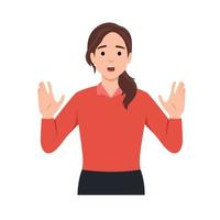 Oh no, stop there. Serious beautiful woman rejects offer, pulls palms in no gesture, asks to stop this. Flat vector illustration isolated on white background