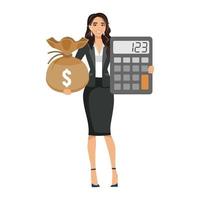 Professionals who manage assets on a deliberate basis. A person standing with a calculator and a person holding a pile of money. Flat vector illustration isolated on white background