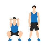 Man doing air squat in 2 steps in front view. Flat vector illustration isolated on white background